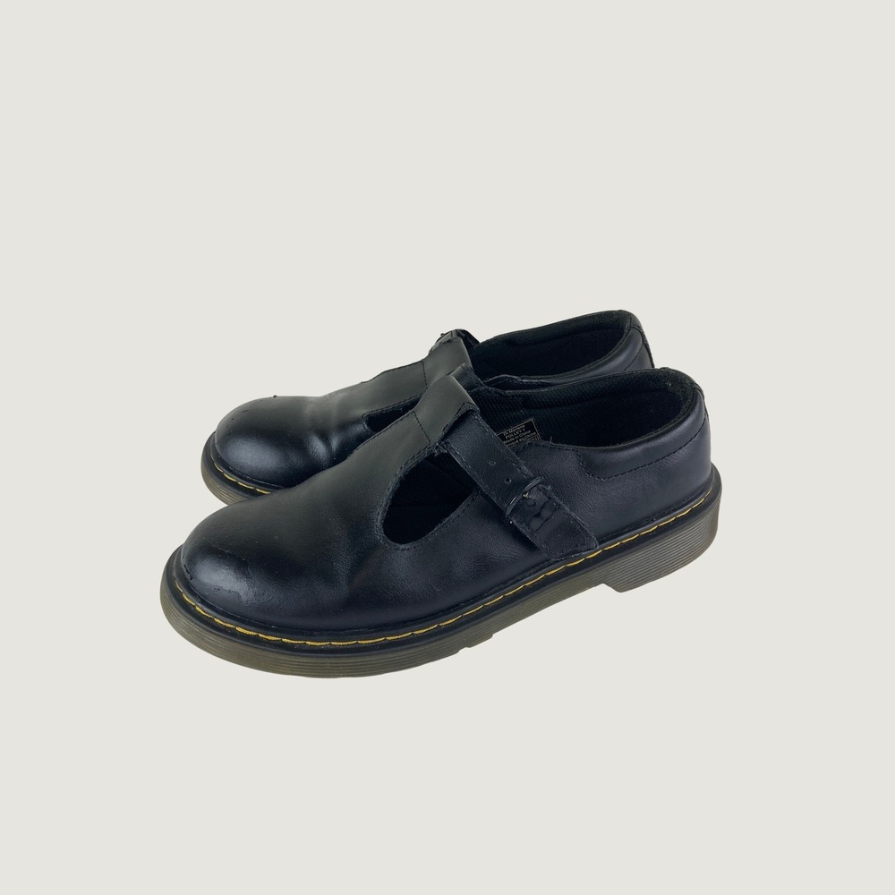 Dr. Martens Polley Mary Jane Women 6 Black Leather T-Bar Yellow Stitch Shoes